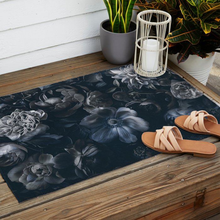 Midnight Blue Lush Moody Flowers Baroque Grandeur Outdoor Rug Gallery Image 2