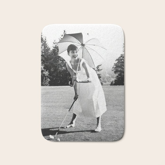 Audrey Hepburn Playing Golf, Black and White Vintage Art Bath Mat Gallery Image 1