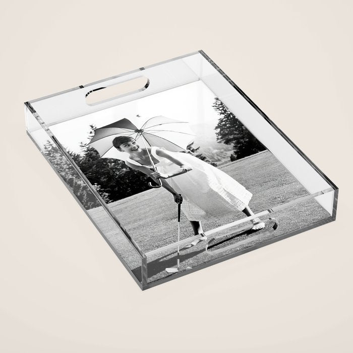Audrey Hepburn Playing Golf, Black and White Vintage Art Acrylic Tray Gallery Image 1