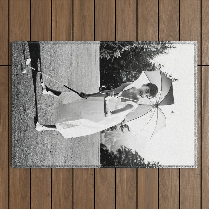 Audrey Hepburn Playing Golf, Black and White Vintage Art Outdoor Rug Gallery Image 1