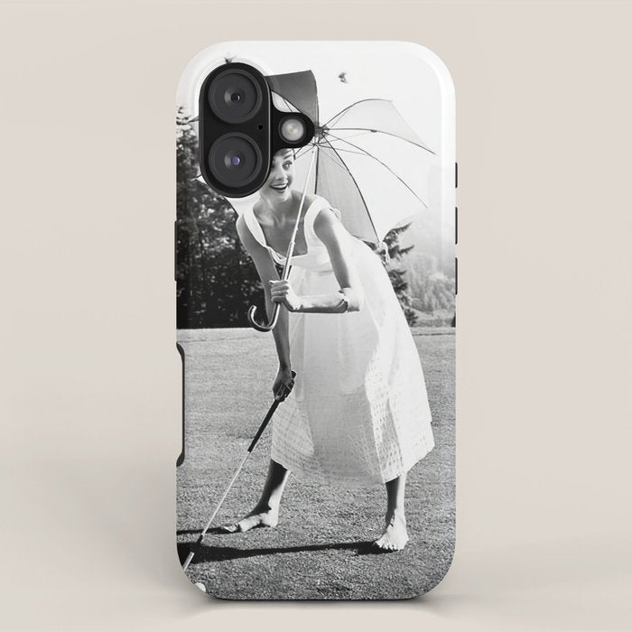 Audrey Hepburn Playing Golf, Black and White Vintage Art iPhone Case Gallery Image 1