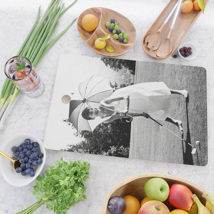Audrey Hepburn Playing Golf, Black and White Vintage Art Cutting Board Gallery Image 2