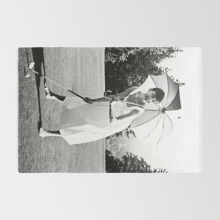 Audrey Hepburn Playing Golf, Black and White Vintage Art Rug Gallery Image 2