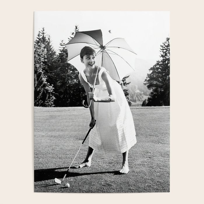 Audrey Hepburn Playing Golf, Black and White Vintage Art Poster Gallery Image 1