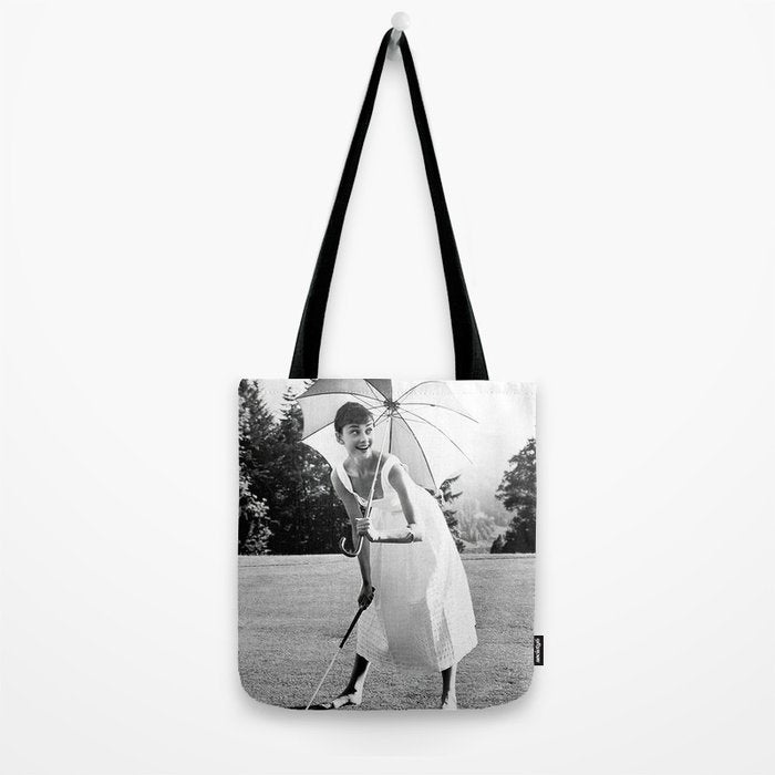 Audrey Hepburn Playing Golf, Black and White Vintage Art Tote Bag Gallery Image 2