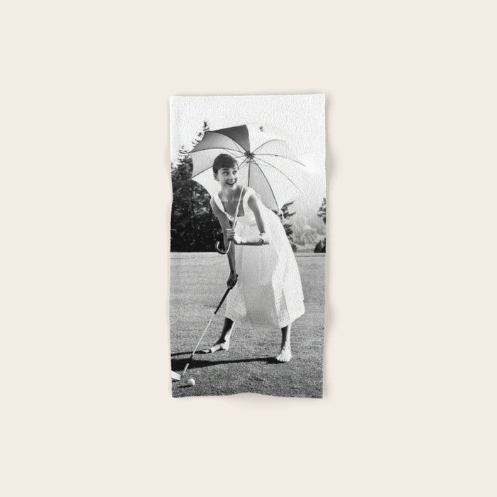 Audrey Hepburn Playing Golf, Black and White Vintage Art Bath Towel Gallery Image 1