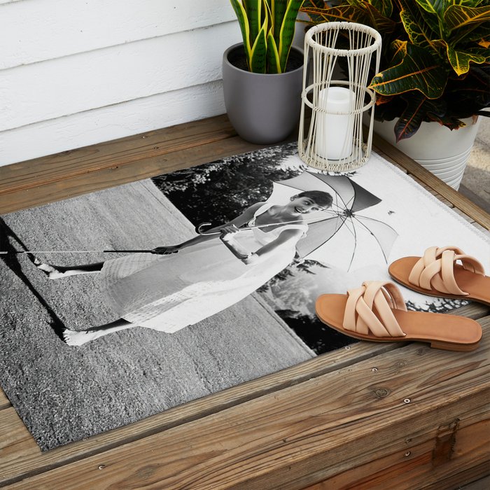 Audrey Hepburn Playing Golf, Black and White Vintage Art Outdoor Rug Gallery Image 2