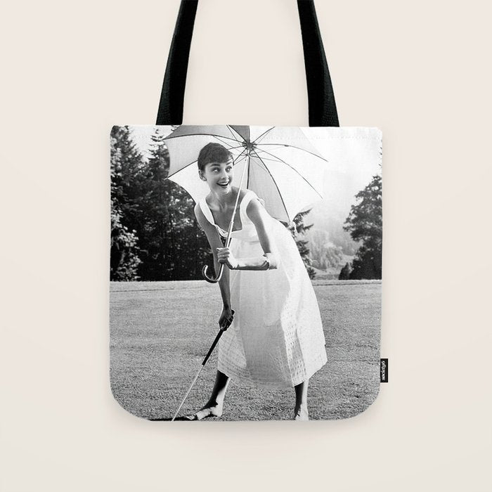 Audrey Hepburn Playing Golf, Black and White Vintage Art Tote Bag Gallery Image 1