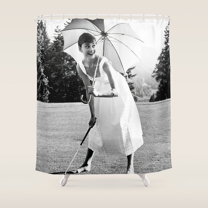 Audrey Hepburn Playing Golf, Black and White Vintage Art Shower Curtain Gallery Image 1