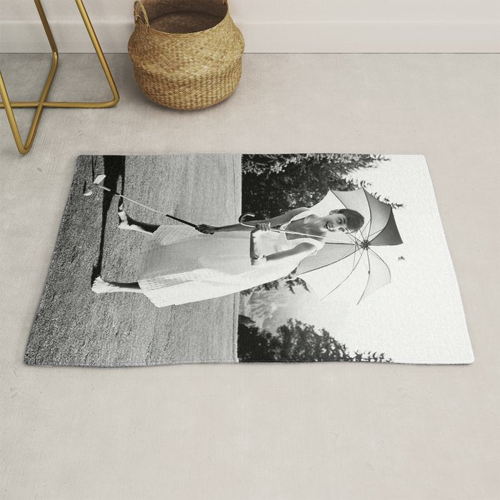 Audrey Hepburn Playing Golf, Black and White Vintage Art Rug Gallery Image 1