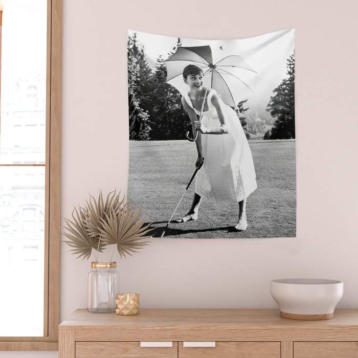 Audrey Hepburn Playing Golf, Black and White Vintage Art Wall Tapestry Gallery Image 2