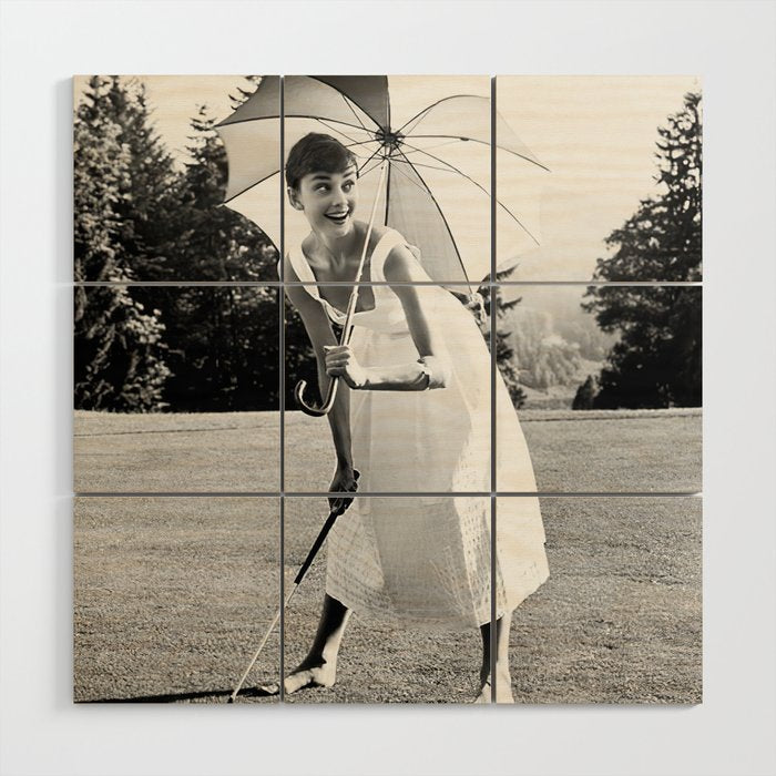 Audrey Hepburn Playing Golf, Black and White Vintage Art Wood Wall Art Gallery Image 1