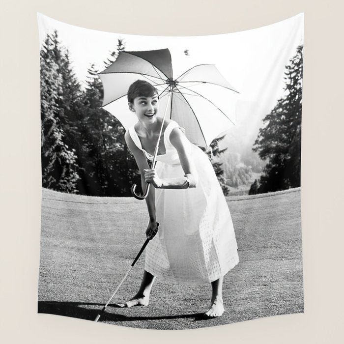 Audrey Hepburn Playing Golf, Black and White Vintage Art Wall Tapestry Gallery Image 4