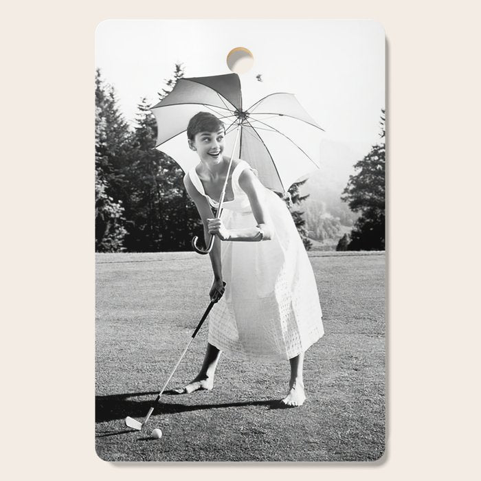 Audrey Hepburn Playing Golf, Black and White Vintage Art Cutting Board Gallery Image 1