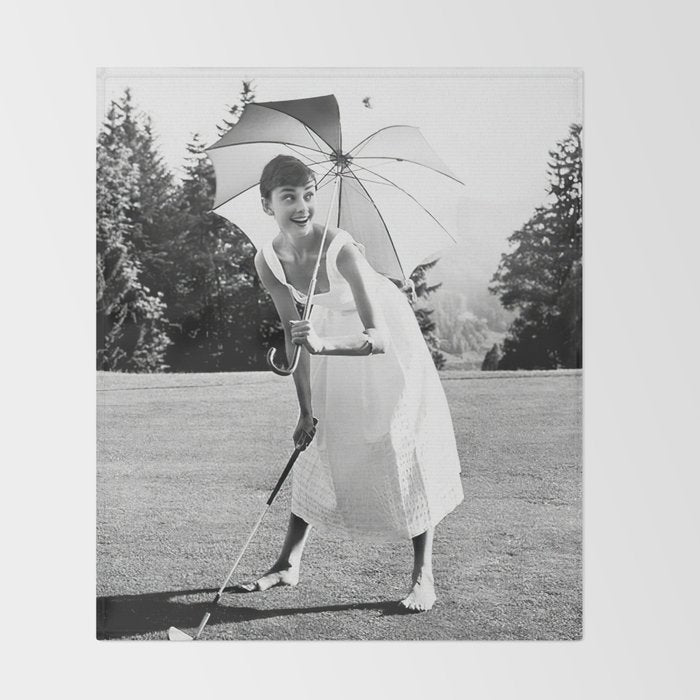 Audrey Hepburn Playing Golf, Black and White Vintage Art Throw Blanket Gallery Image 2