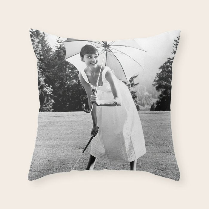 Audrey Hepburn Playing Golf, Black and White Vintage Art Throw Pillow Gallery Image 6