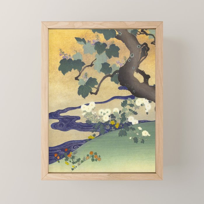 Tree and chrysanthemums by Kogyo Tsukioka Mini Art Print Gallery Image 1