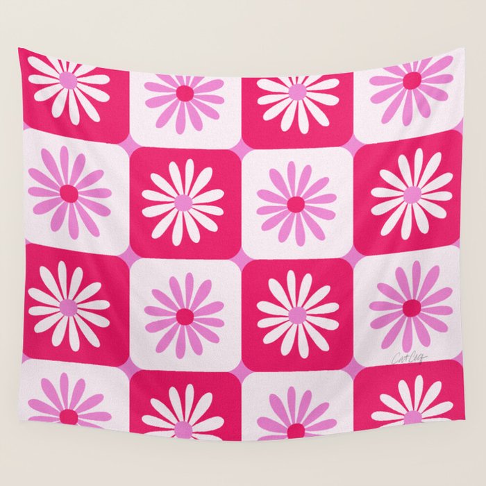Checkered Daisies - Pink Wall Tapestry Gallery Image 4