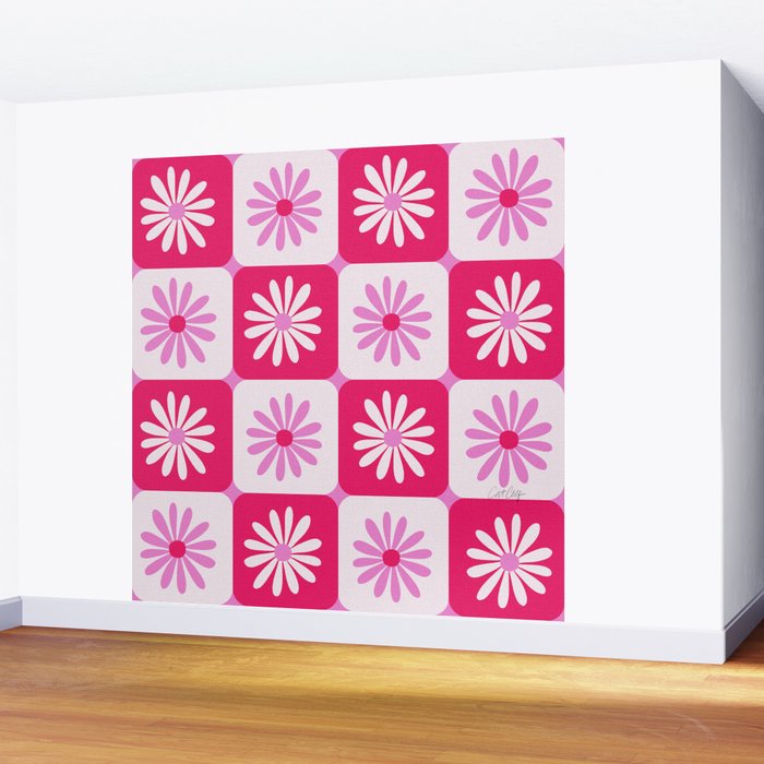 Checkered Daisies - Pink Wall Mural Gallery Image 2