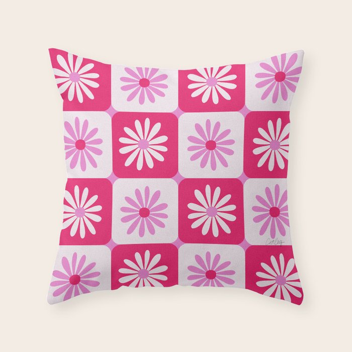 Checkered Daisies - Pink Throw Pillow Gallery Image 1