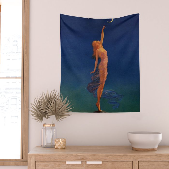 Reaching for the moon female portrait painting by Edward Mason Eggleston Wall Tapestry Gallery Image 2