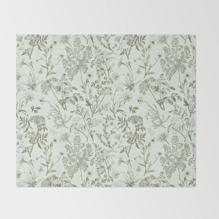 Meadow Floral Herbarium Cottagecore  Botanical Monochromatic Pattern - Pistachio Green  Throw Blanket Gallery Image 2