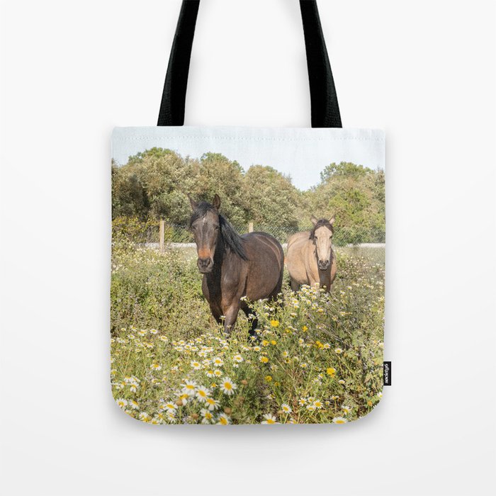 Horses in a Field of Wildflowers | Portugal Travel Art Print | Animal Photography in Europe Tote Bag Gallery Image 1
