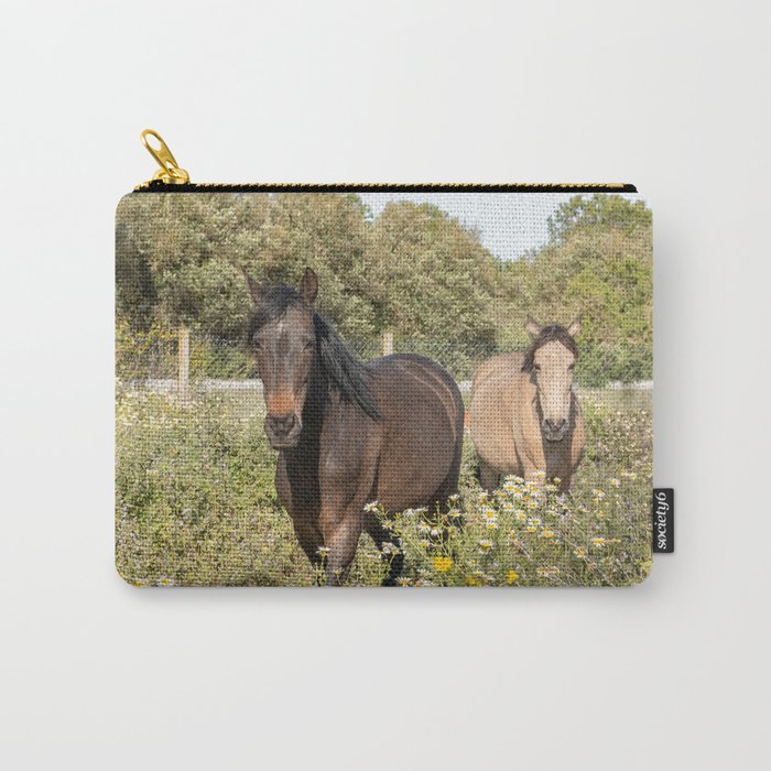 Horses in a Field of Wildflowers | Portugal Travel Art Print | Animal Photography in Europe Carry All Pouch Gallery Image 1
