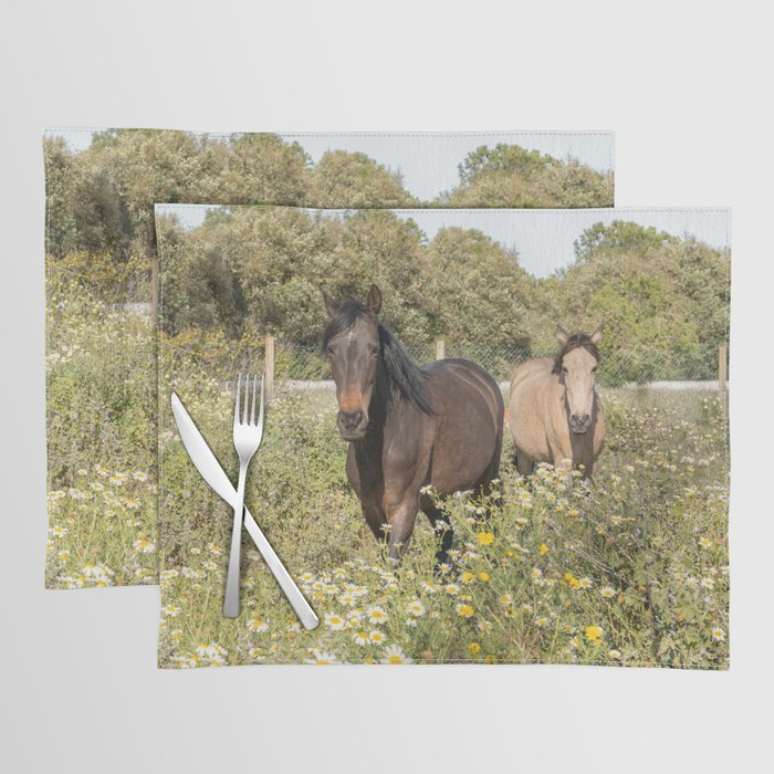 Horses in a Field of Wildflowers | Portugal Travel Art Print | Animal Photography in Europe Placemat Gallery Image 1