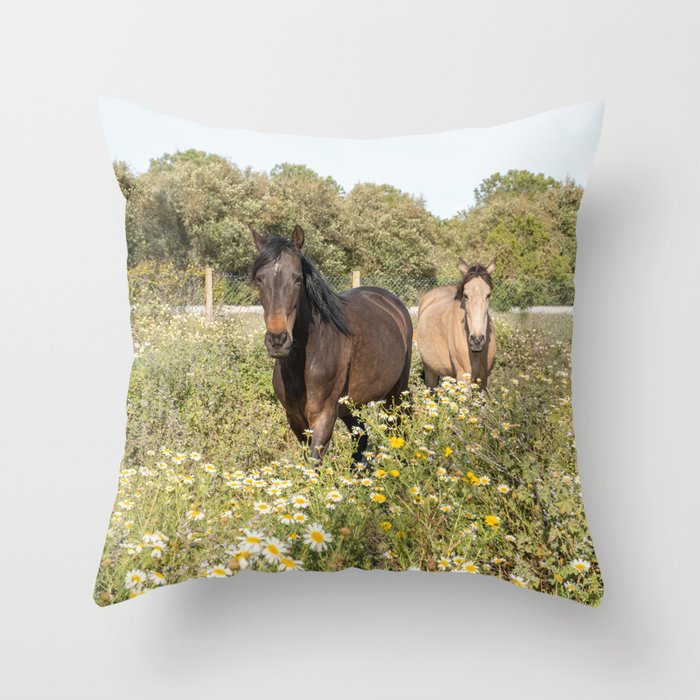 Horses in a Field of Wildflowers | Portugal Travel Art Print | Animal Photography in Europe Throw Pillow Gallery Image 6
