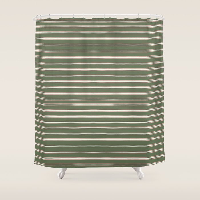 Triple Stripe Pattern Muted Green, Cream, Pink Shower Curtain Gallery Image 1