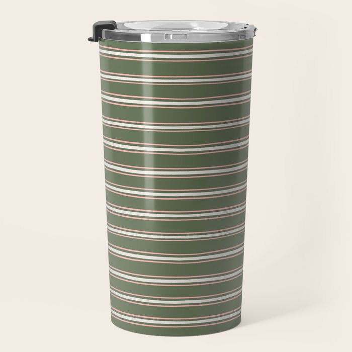 Triple Stripe Pattern Muted Green, Cream, Pink Travel Mug Gallery Image 3