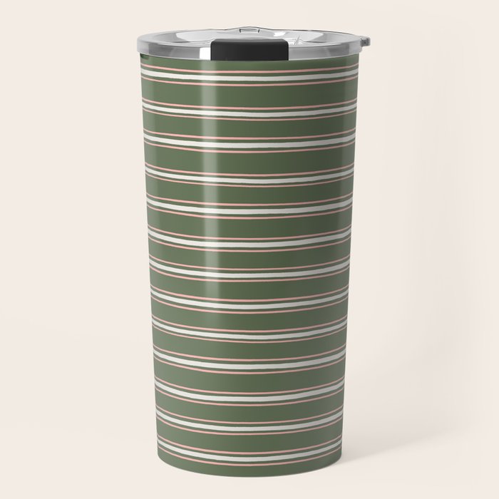 Triple Stripe Pattern Muted Green, Cream, Pink Travel Mug Gallery Image 1