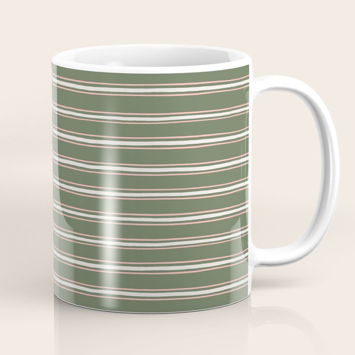 Triple Stripe Pattern Muted Green, Cream, Pink Coffee Mug Gallery Image 1