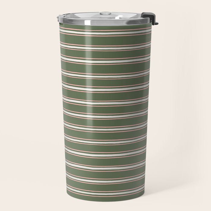 Triple Stripe Pattern Muted Green, Cream, Pink Travel Mug Gallery Image 2