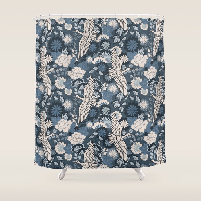 Cranes and Chrysanthemums - Indigo Blue Shower Curtain Gallery Image 1