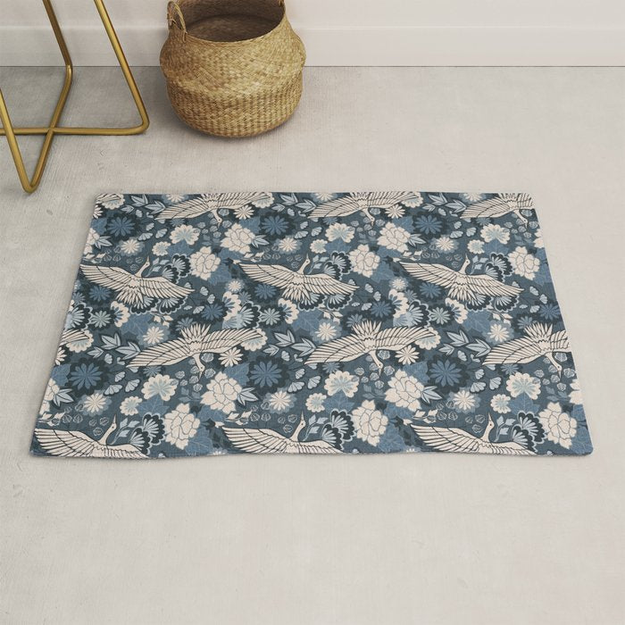 Cranes and Chrysanthemums - Indigo Blue Rug Gallery Image 1