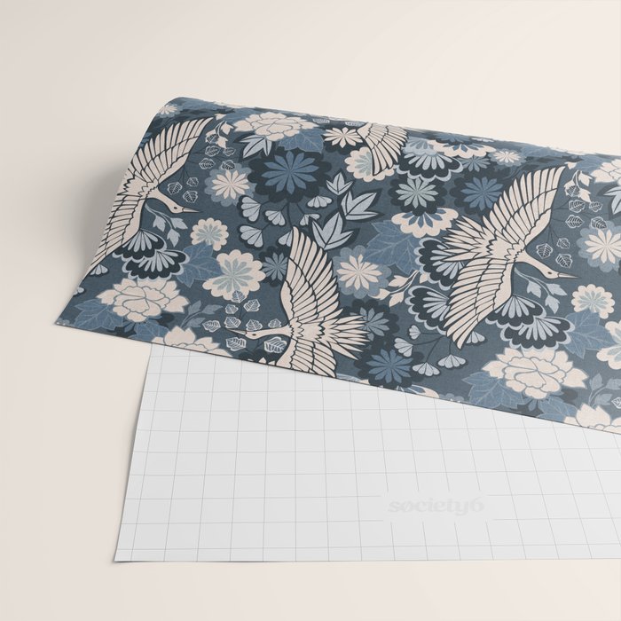Cranes and Chrysanthemums - Indigo Blue Wrapping Paper Gallery Image 2