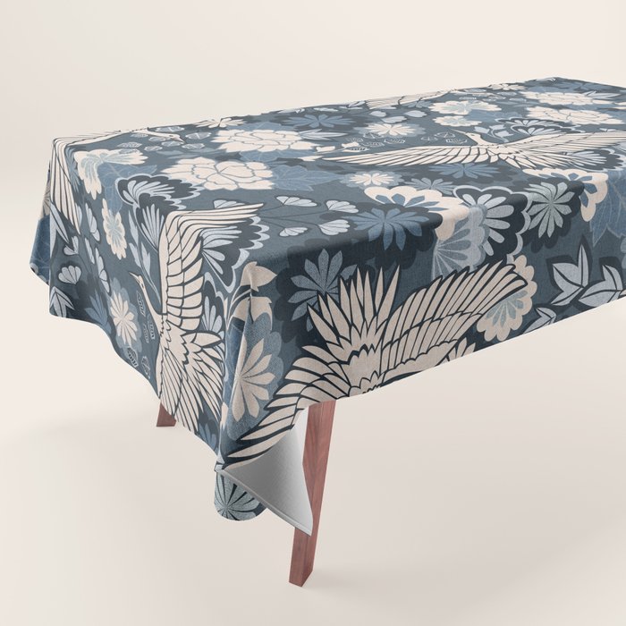 Cranes and Chrysanthemums - Indigo Blue Tablecloth Gallery Image 1