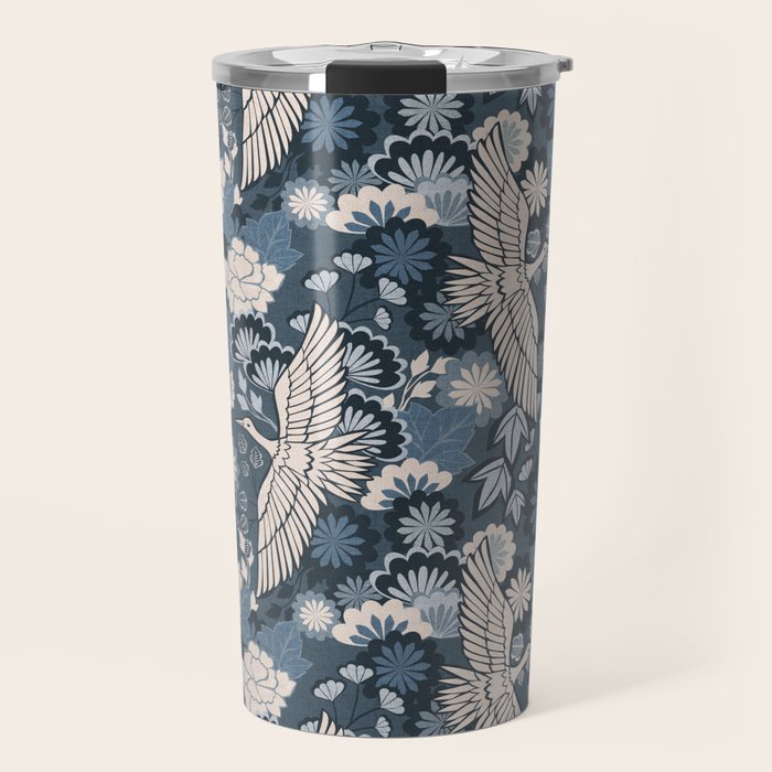 Cranes and Chrysanthemums - Indigo Blue Travel Mug Gallery Image 1