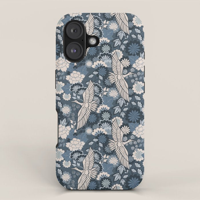 Cranes and Chrysanthemums - Indigo Blue iPhone Case Gallery Image 1