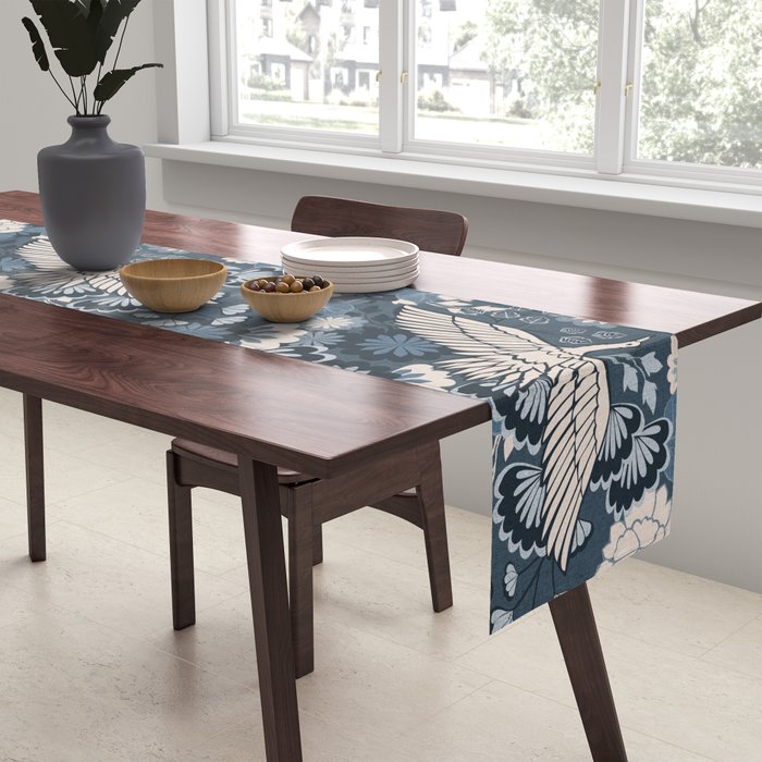 Cranes and Chrysanthemums - Indigo Blue Table Runner Gallery Image 2