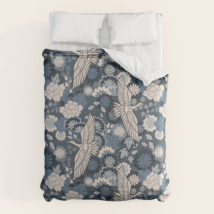 Cranes and Chrysanthemums - Indigo Blue Comforter Gallery Image 6