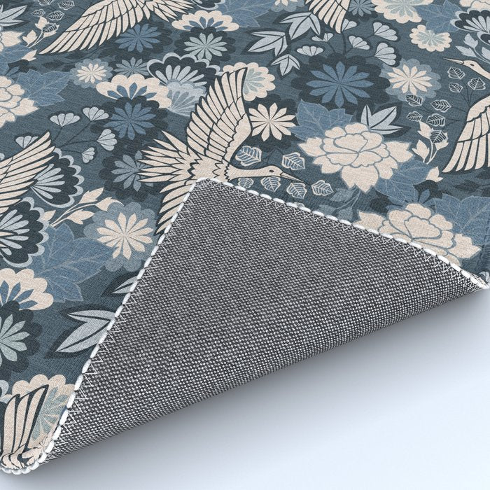 Cranes and Chrysanthemums - Indigo Blue Rug Gallery Image 4