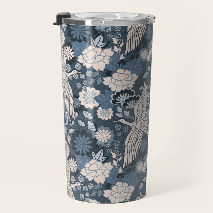 Cranes and Chrysanthemums - Indigo Blue Travel Mug Gallery Image 3
