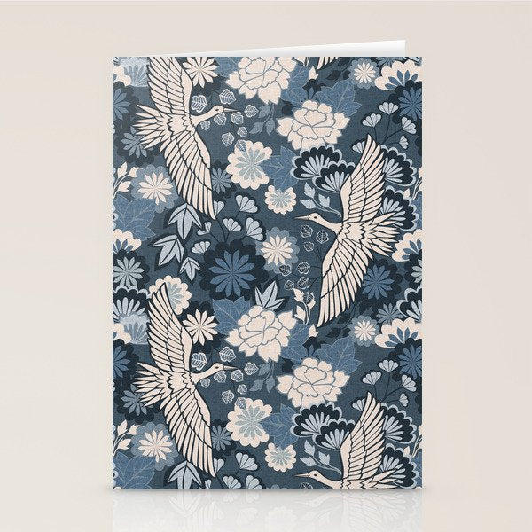 Cranes and Chrysanthemums - Indigo Blue Stationery Card Gallery Image 2
