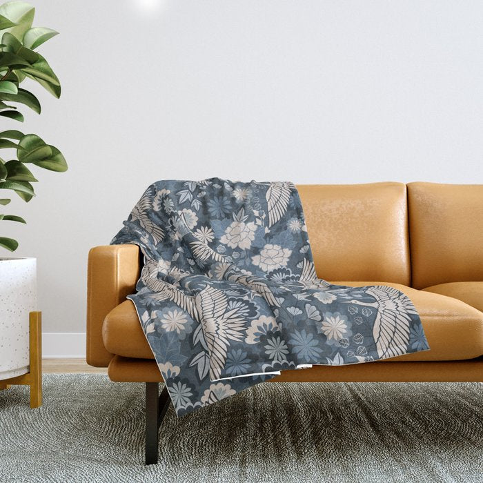 Cranes and Chrysanthemums - Indigo Blue Throw Blanket Gallery Image 1