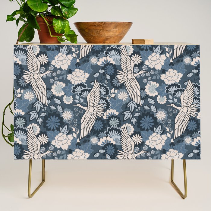 Cranes and Chrysanthemums - Indigo Blue Credenza Gallery Image 1