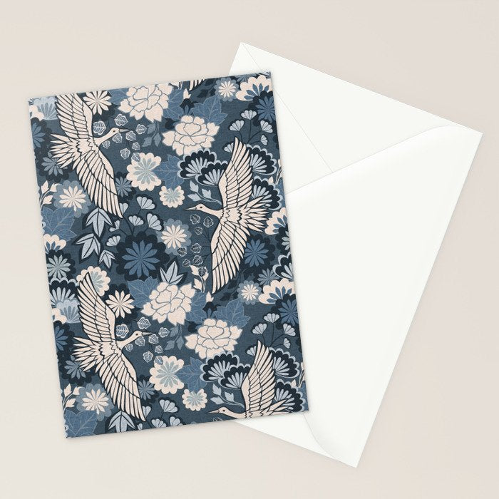 Cranes and Chrysanthemums - Indigo Blue Stationery Card Gallery Image 2