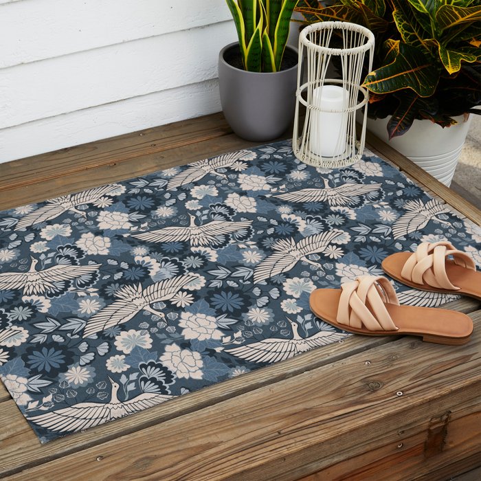 Cranes and Chrysanthemums - Indigo Blue Outdoor Rug Gallery Image 2
